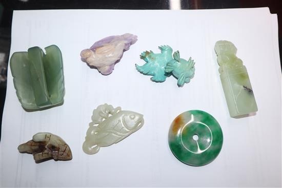 A group of Chinese stone carvings, a spinach green jade dish and a lapis lazuli dish